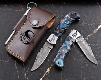 Custom Damascus Pocket Knife, Personalized Folding Knife, Christmas Gift, Birthday Gift, Wedding Gift, Anniversary Gift, Unique Gift for Men