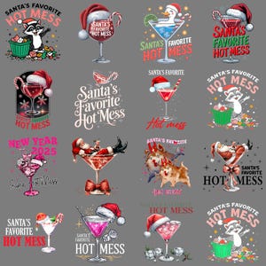 Może przedstawiać: Kolekcja świątecznych projektów graficznych z koktajlami i świątecznymi postaciami. Projekty obejmują szopa pracza, Świętego Mikołaja i bałwana w kieliszkach do martini, z tekstem "Santa's Favorite Hot Mess."