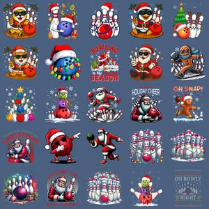 Puede incluir: Una colección de gráficos de bolos con temática navideña. Los diseños presentan bolos, bolas y figuras de Papá Noel en varias poses. Algunos diseños incluyen texto como "Bowling is My Season" y "Holiday Cheer."