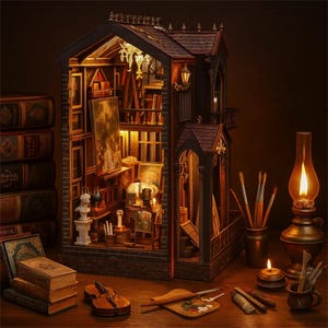 May include: A miniature artist's studio diorama with a detailed interior, including paintings, books, and art supplies. The diorama is illuminated with warm lighting, creating a cozy and inviting atmosphere. A violin and oil lamp are on the wooden surface.
