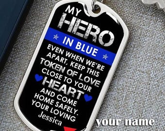 Dog Tag with Swivel KeCustom Police Husband Keychain from Wife – Personalized Officer Gift, Back the Blue Keychain for Christmas, Birthday