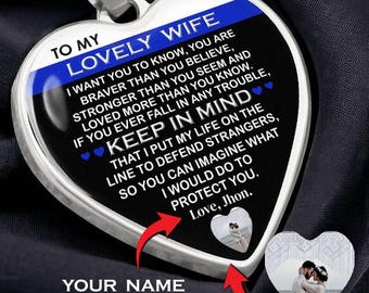 Police Husband to Wife Personalized Necklace with Photo & Name | Thin Blue Line Jewelry | Christmas Gift for Police Wife