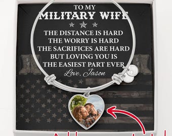 Personalized Military Wife Heart Bangle | Custom Photo Pendant from Husband to Wife | Army Deployment Gift | Anniversary Jewelry