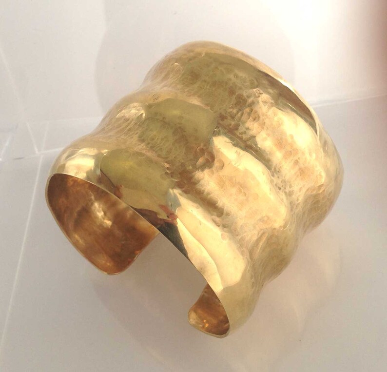 Extra Wide Brass Arm Cuff 2 Inches Wide Hand Forged Hammered Ridge Pattern NuGold Heavy Polished Gift for Her Metalsmith Raised
