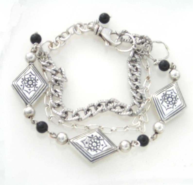 Celtic Viking Norse Chain Oxidized Unisex Gift for Her Sterling Black Onyx 3 Chain Bracelet Silver Gift for Him Metalsmith Made