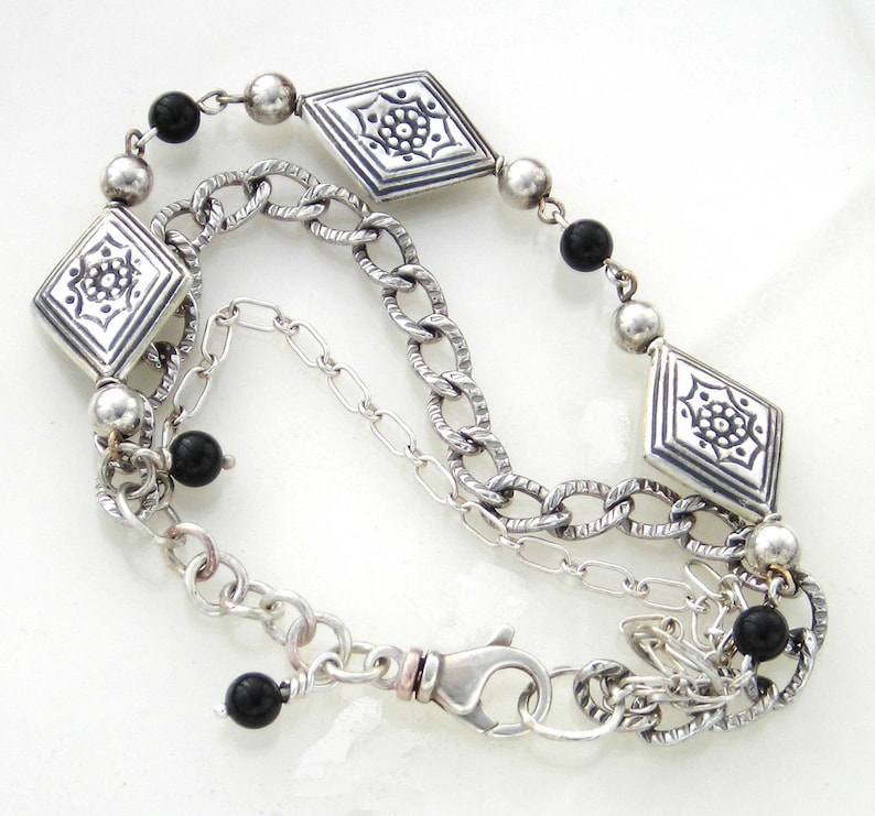 Celtic Viking Norse Chain Oxidized Unisex Gift for Her Sterling Black Onyx 3 Chain Bracelet Silver Gift for Him Metalsmith Made