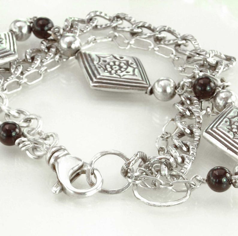 Celtic Viking Norse Chain Oxidized Unisex Gift for Her Sterling Black Onyx 3 Chain Bracelet Silver Gift for Him Metalsmith Made