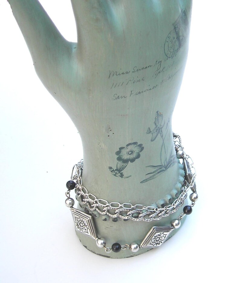 Celtic Viking Norse Chain Oxidized Unisex Gift for Her Sterling Black Onyx 3 Chain Bracelet Silver Gift for Him Metalsmith Made