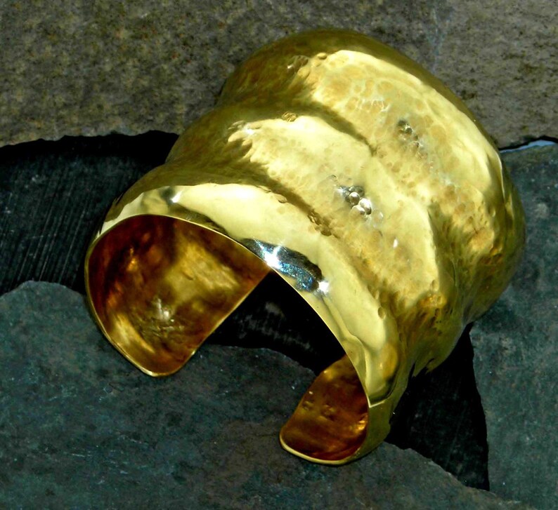 Extra Wide Brass Arm Cuff 2 Inches Wide Hand Forged Hammered Ridge Pattern NuGold Heavy Polished Gift for Her Metalsmith Raised