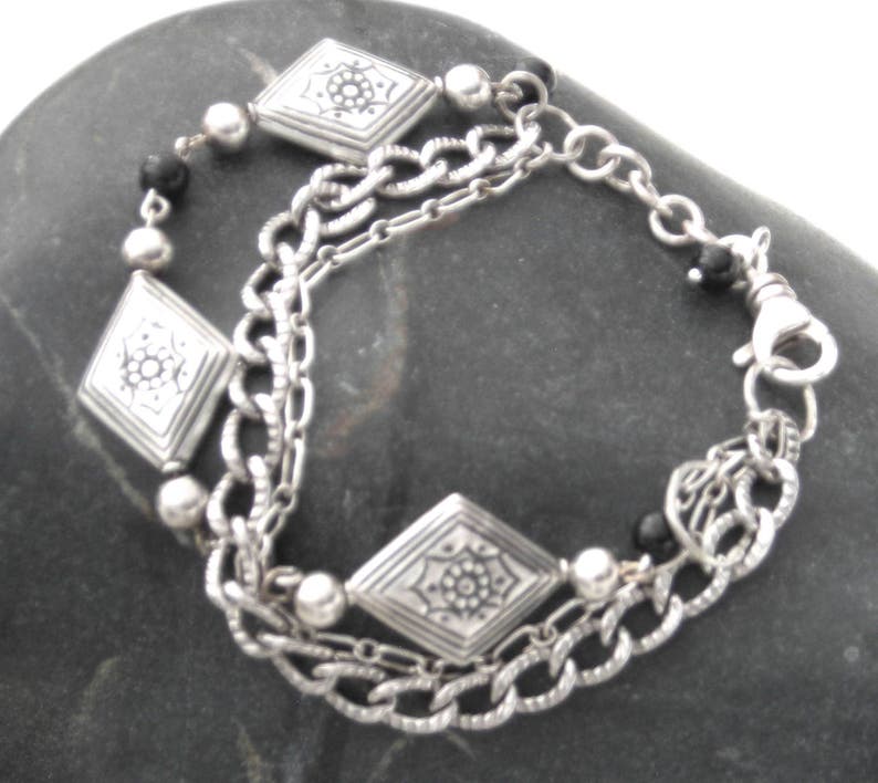 Celtic Viking Norse Chain Oxidized Unisex Gift for Her Sterling Black Onyx 3 Chain Bracelet Silver Gift for Him Metalsmith Made