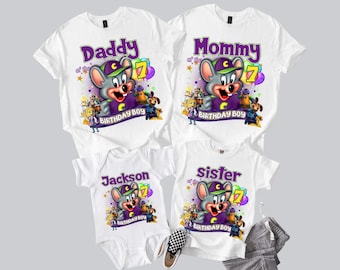 Camiseta de aniversário do Chuck E. Cheese, Camiseta personalizada para toda a família Chuck E. Cheese, Personagens do Chuck E. Cheese, Festa de aniversário do Chuck E. Cheese
