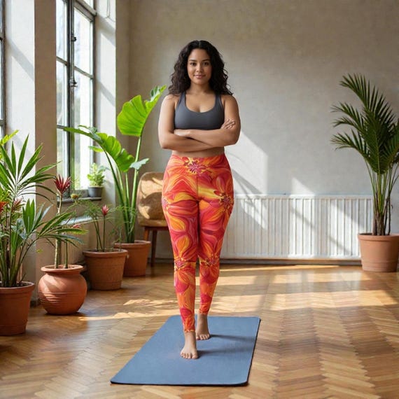 Chrysanthemum Yoga Leggings – Original Oil Painting Floral Yoga Pants, Orange Pink Yellow High-Waist Activewear