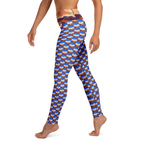 Yoga Leggings landscape print checkered pattern blues and browns