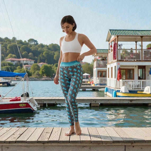 Sausalito Houseboats Yoga Leggings – Coastal California Art Print Yoga Pants, Bird on a Wire Design, High-Waist Stretch Activewear