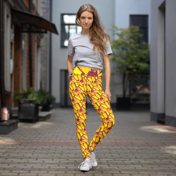 Yoga Leggings with vibrant chrysanthemum flower print red yellow gold orange
