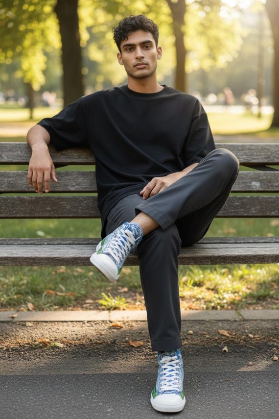 Men's Art Sneakers - High Top Canvas Shoes with Cloud Horizon Painting - Wearable Landscape Oil Painting