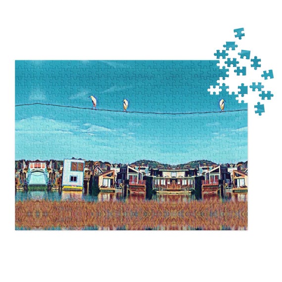 Sausalito Houseboats Jigsaw puzzle with tin birds on a wire
