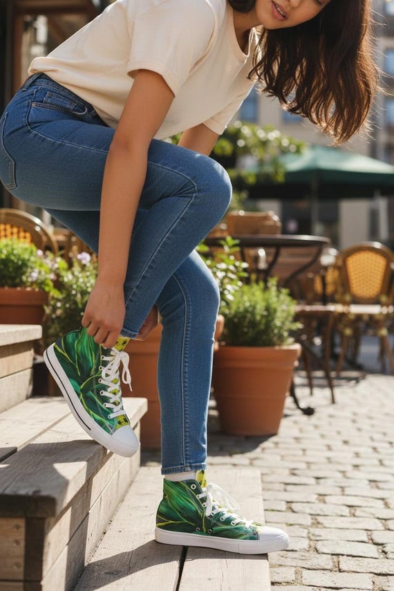 Green Aloe High Top Canvas Shoes for Women – Original Oil Painting Sneakers, Artistic High Tops, Black or White Sole Options, bumble bee
