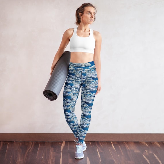 Yoga Leggings with clouds oil painting blue white