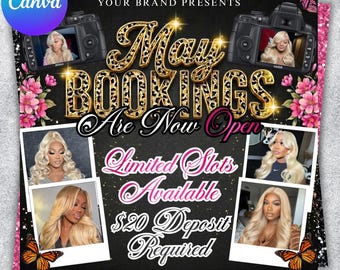 May Booking Flyer, Mothers Day Booking Flyer, May Hair, May Books Open, May Appointment Flyer, May Book Now, May Lashes Nail Braid Wig Flyer