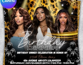Digital Birthday Dinner Flyer, Black Tie Formal Glam Invite, Black Silver Diamond Evite For Men & Women, Self Editable Flyer Canva Editable