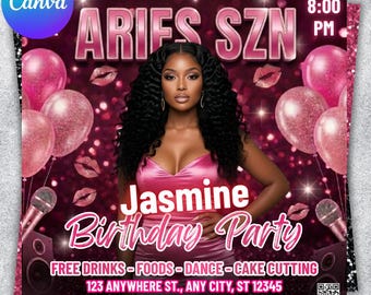 Aries Birthday Flyer, Birthday Flyer Templates, Girl Birthday Party Flyer, Celebration Flyer, Black & Silver Birthday Event Flyer Invitation