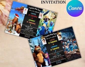 Invitación de cumpleaños editable para hermanos, invitación de cumpleaños doble, invitación doble para gemelos, invitación doble para niño y niña, editable con Canva