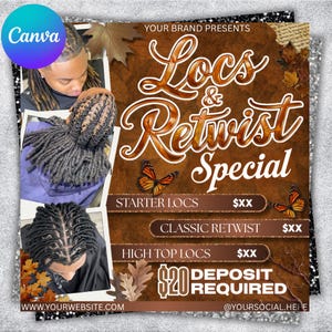 May include: A promotional flyer for locs and retwist services. The flyer features images of loc styles, with text that reads "Locs & Retwist Special." It includes service options like "Starter Locs," "Classic Retwist," and "High Top Locs," with a $20 deposit required.