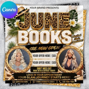 May include: A digital flyer with a white marble background featuring the text JUNE BOOKS ARE NOW OPEN in gold and leopard print. It includes two circular gold frames containing photos of a person with blonde hair, tropical leaves, and flowers.