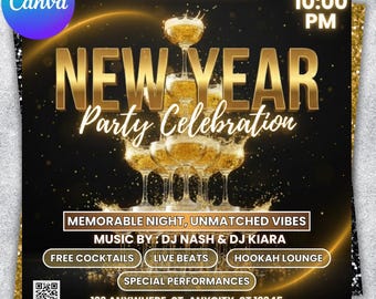 New Year Party Flyer 2026, Year Event Flyer, Night Party, Night Club, Countdown Night Event, Happy New Year, Dj Party Flyer, Canva Editable