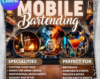 Mobile Bartending Flyer, Event Bartender Flyer, Premade Corporate Drink Service Party Flyer, Mixologist Portable Bartending, Canva Editable
