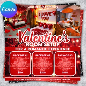 May include: A promotional graphic for Valentine's Day room setups. The image features three different room decor packages with red heart-shaped balloons, rose petals, and soft ambient lighting. Text includes "Valentine's Room Setup" and package details.