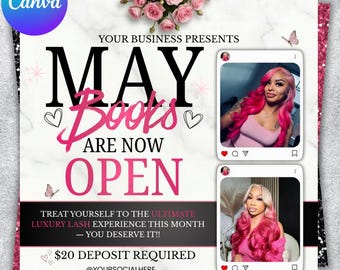 May Booking Flyer, Mothers Day Booking Flyer, May Hair, May Books Open, May Appointment Flyer, May Book Now, May Lashes Nail Braid Wig Flyer