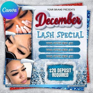 Puede incluir: Gráfico promocional para una oferta especial de pestañas en diciembre. El diseño presenta imágenes de pestañas largas, con el texto "December Lash Special". El gráfico incluye un tema de invierno azul y blanco con cuadros de texto para ofertas y un depósito de 20 €.