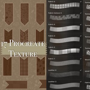 May include: An image showcasing 17 Procreate texture swatches. The textures include fabric, leather, and wood patterns in various shades of brown and gray. The text "17 PROCREATE TEXTURE" is displayed in a banner across the image.
