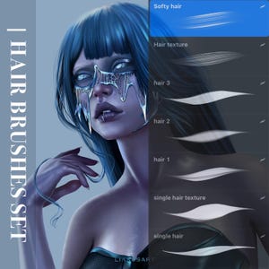 Könnte beinhalten: Digitale Illustration einer Frau mit blauen Haaren und einer Maske, die Haartexturen-Pinsel zeigt. Das Bild enthält den Text "| HAIR BRUSHES SET" und Pinselstrichbeispiele mit den Bezeichnungen "Softy hair", "Hair texture", "hair 3", "hair 2", "hair 1", "single hair texture" und "single hair".