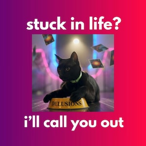 Könnte beinhalten: Eine schwarze Katze mit grünem Halsband, die auf einer gelben Schüssel mit der Aufschrift "DELUSIONS" liegt. Das Bild enthält den Text "stuck in life?" und "i'll call you out" auf einem Farbverlaufshintergrund mit schwebenden Karten.