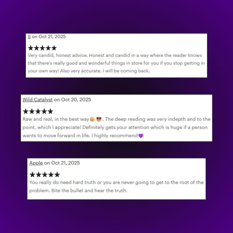 May include: Image of three customer reviews with five-star ratings on a purple background. The reviews offer candid advice, deep readings, and hard truths. The text includes dates and customer names.