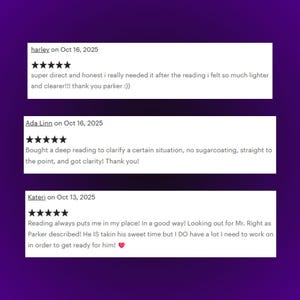 May include: Image of three customer reviews on a purple background. The reviews are in white boxes and include the dates Oct 16, 2025 and Oct 13, 2025. The reviews mention clarity, honesty, and a deep reading.