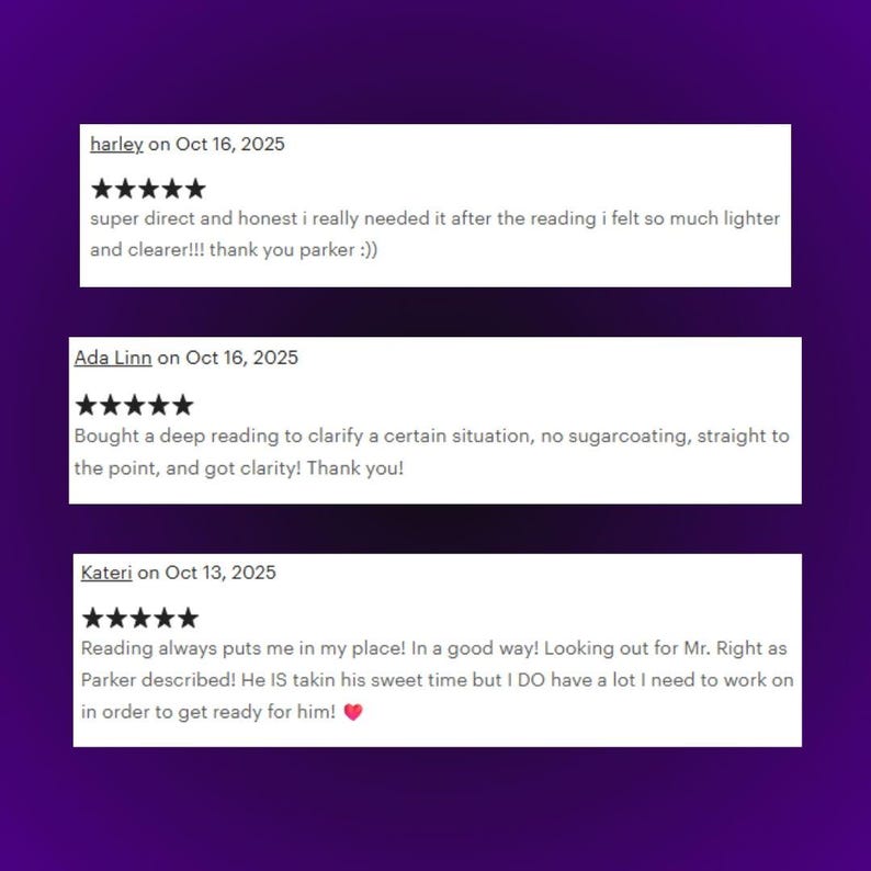 May include: Image of three customer reviews on a purple background. The reviews are in white boxes and include the dates Oct 16, 2025 and Oct 13, 2025. The reviews mention clarity, honesty, and a deep reading.