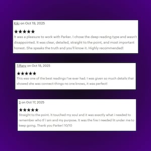 May include: Three customer reviews on a purple background. Each review includes a name, date, and a five-star rating. The reviews praise the service, highlighting clarity, detail, and honesty. One review mentions a 10/10 rating.