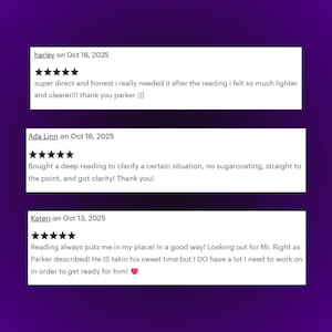 May include: Image of three customer reviews on a purple background. Each review includes a five-star rating and text. The reviews are dated October 13 and 16, 2025, and mention a reading service.