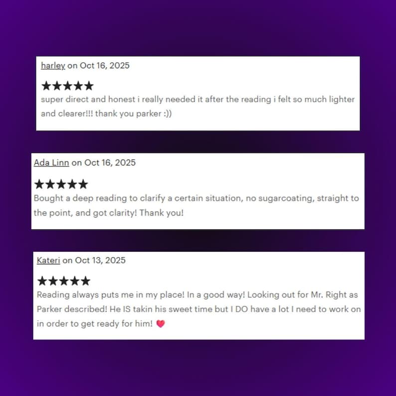 May include: Image of three customer reviews on a purple background. Each review includes a five-star rating and text. The reviews are dated October 13 and 16, 2025, and mention a reading service.