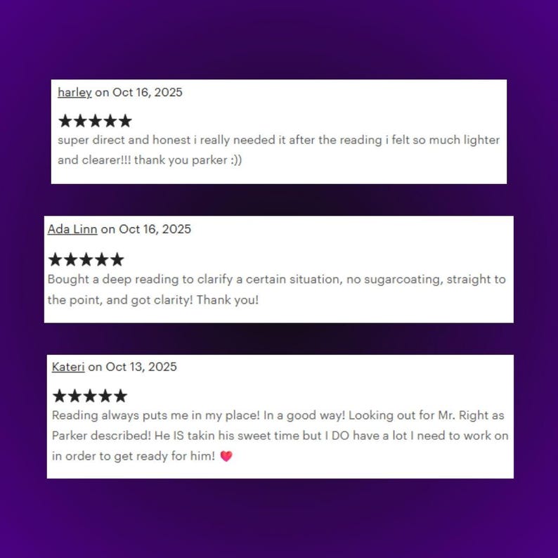 May include: Image of three customer reviews on a purple background. Each review includes a five-star rating and text. The reviews are dated October 13 and 16, 2025, and mention a reading service.