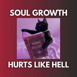 Può includere: Un gatto nero tiene in mano un libro con la scritta "KARMIC BULLSHIT" sulla copertina. L'immagine include anche il testo "SOUL GROWTH" e "HURTS LIKE HELL" in bianco su uno sfondo sfumato rosso e nero.