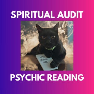 May include: A black cat with yellow eyes wearing a green collar, holding a notepad that reads "LET'S UNPACK THAT." The image has a purple and pink gradient background with the words "SPIRITUAL AUDIT" and "PSYCHIC READING."
