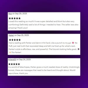 May include: Image of three customer reviews with five-star ratings. The reviews are on a purple background. The reviews praise the detail, truth, and impact of the readings, mentioning the reader's style and the messages received.