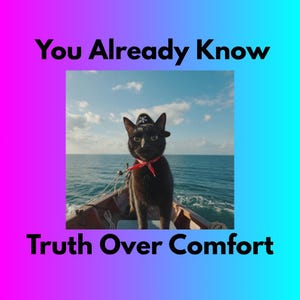 Könnte beinhalten: Eine schwarze Katze mit Piratenhut und rotem Schal sitzt in einem kleinen Boot auf dem Meer. Das Bild hat den Text "You Already Know" oben und "Truth Over Comfort" unten, vor einem Farbverlaufshintergrund.