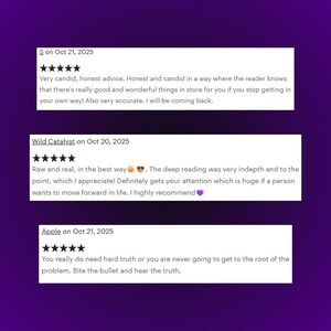 May include: Image of three customer reviews with five-star ratings on a purple background. The reviews offer candid advice, deep readings, and hard truths. The text includes dates and customer names.