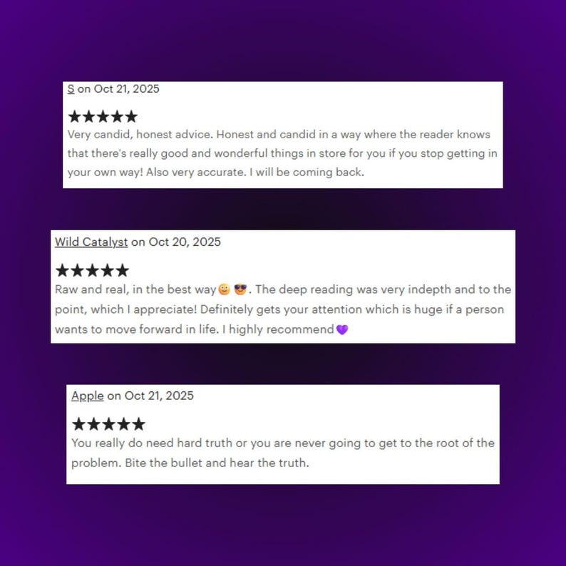 May include: Image of three customer reviews with five-star ratings on a purple background. The reviews offer candid advice, deep readings, and hard truths. The text includes dates and customer names.